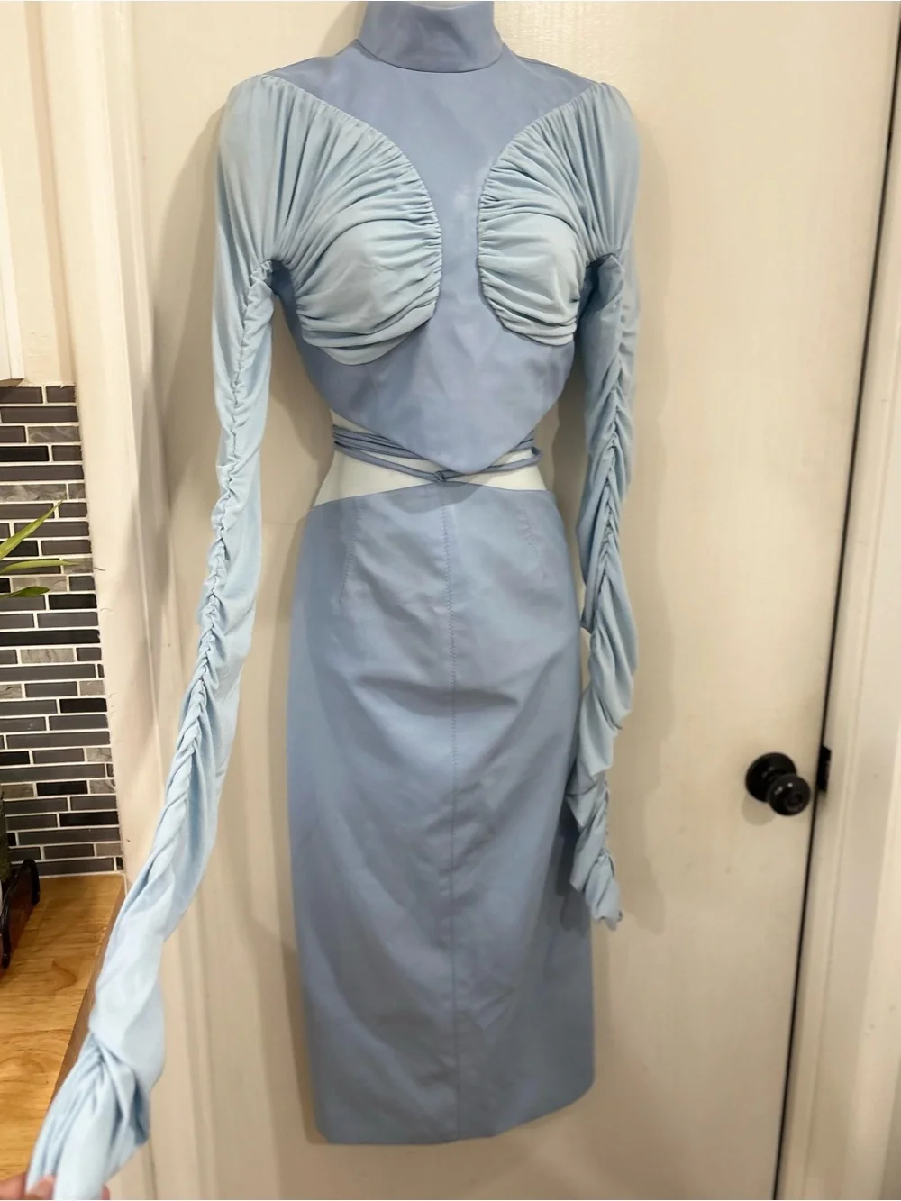 Women’s Light Blue Faux Leather Skirt Set with High Slit with matching top